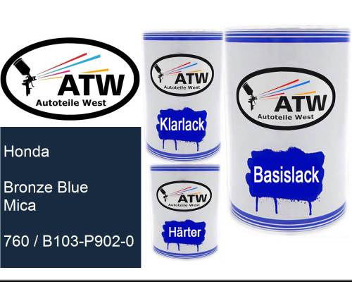 Honda, Bronze Blue Mica, 760 / B103-P902-0: 500ml Lackdose + 500ml Klarlack + 250ml Härter - Set, von ATW Autoteile West.